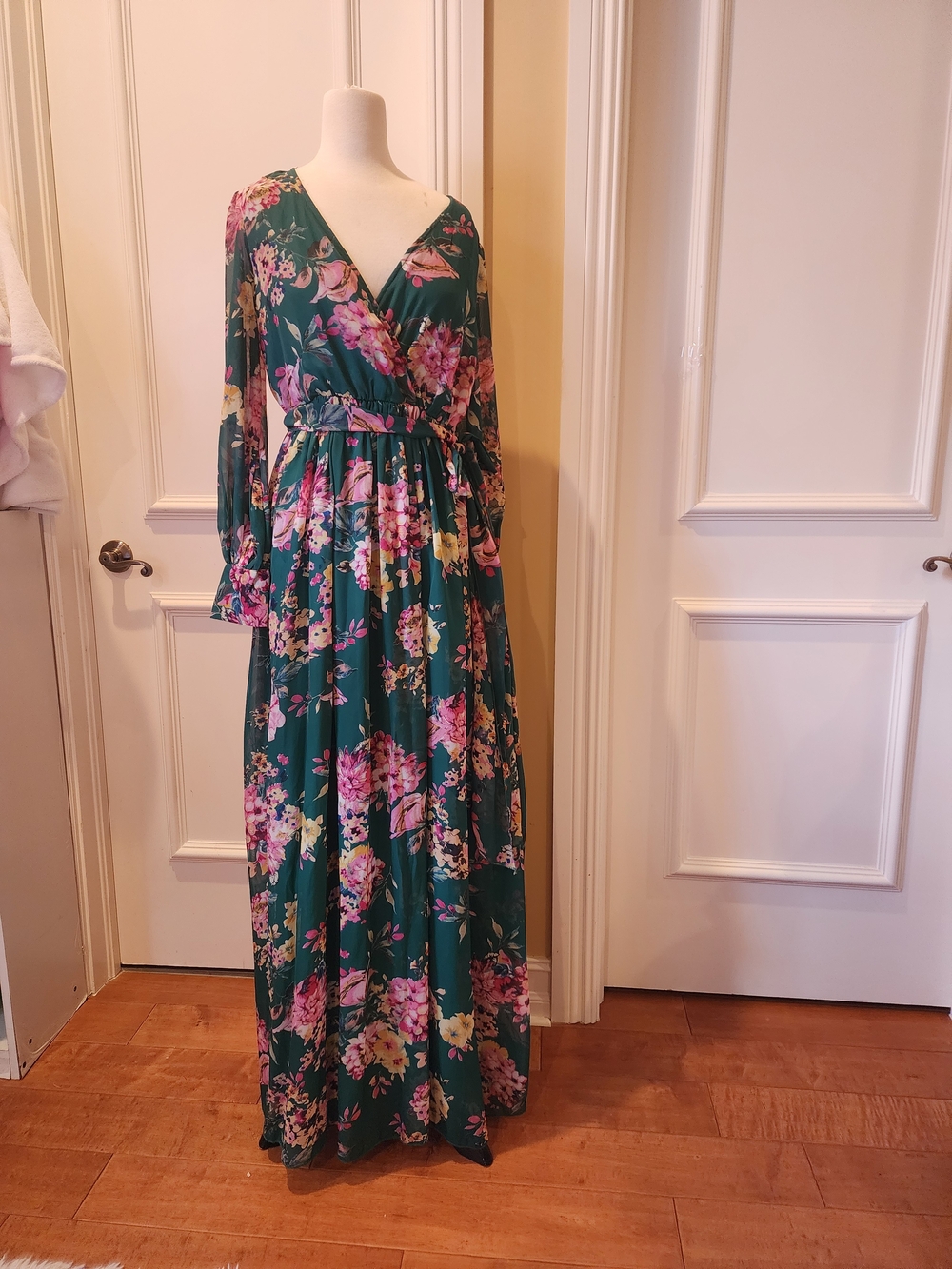 Floral Wrap Maxi Dress - Green with Pink Bloom